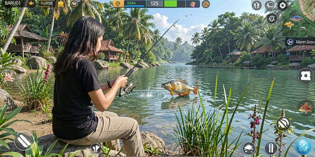 Gameplay BARU01 menampilkan aksi seru memancing ikan di perairan indah.