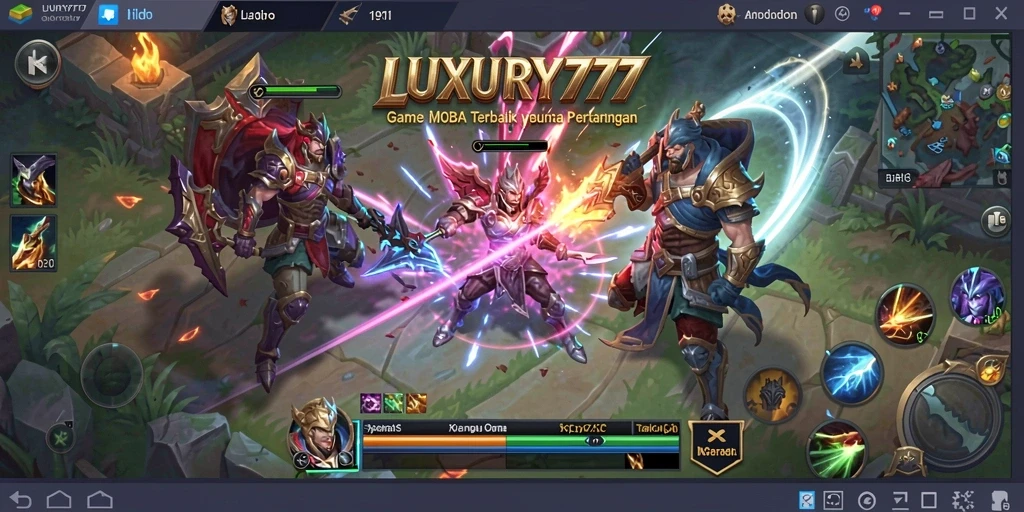 Tampilan gameplay seru di LUXURY777 saat bertarung di arena MOBA.