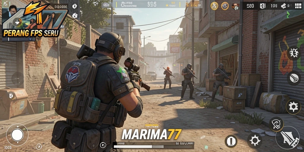 Tampilan gameplay intens dari MARIMA77 dalam pertarungan FPS.