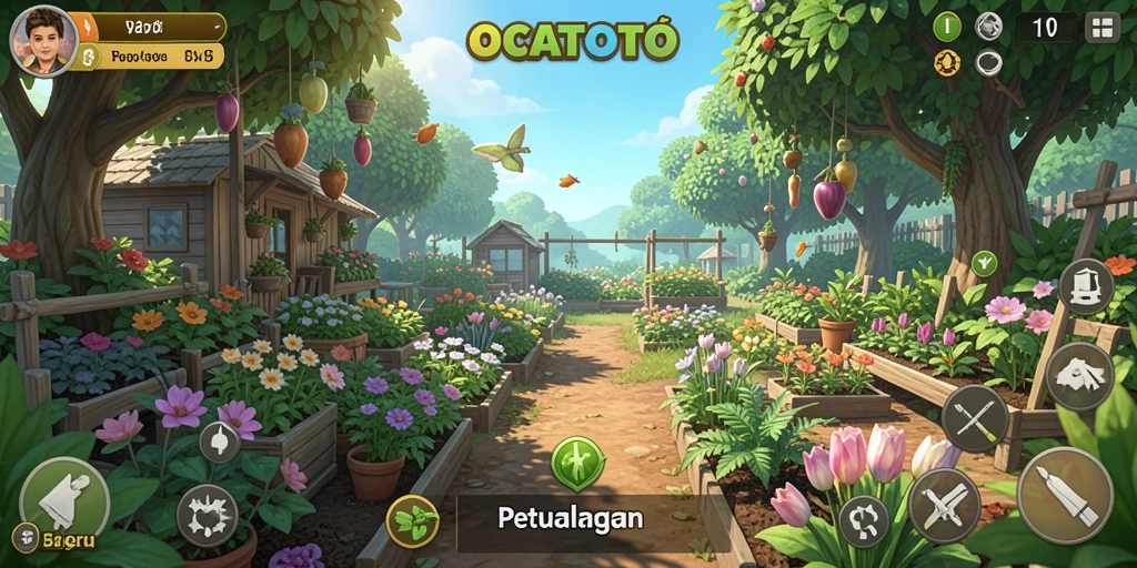 Screenshot OCATOTO menunjukkan keindahan kebun dan hewan lucu.