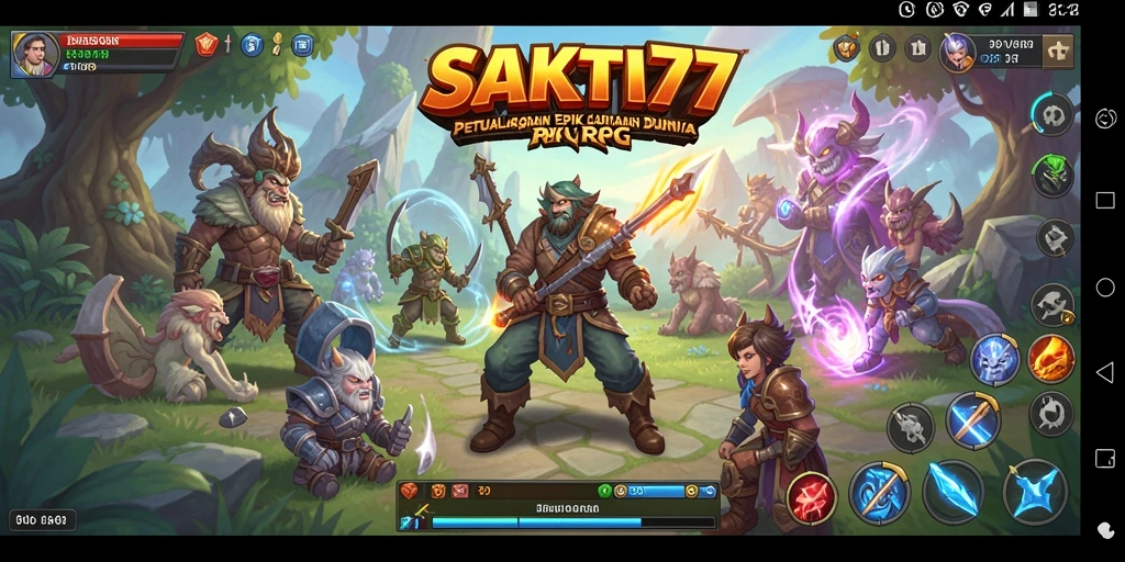 Tampilan utama gameplay SAKTI77 yang menampilkan pertarungan seru di dunia fantasi.